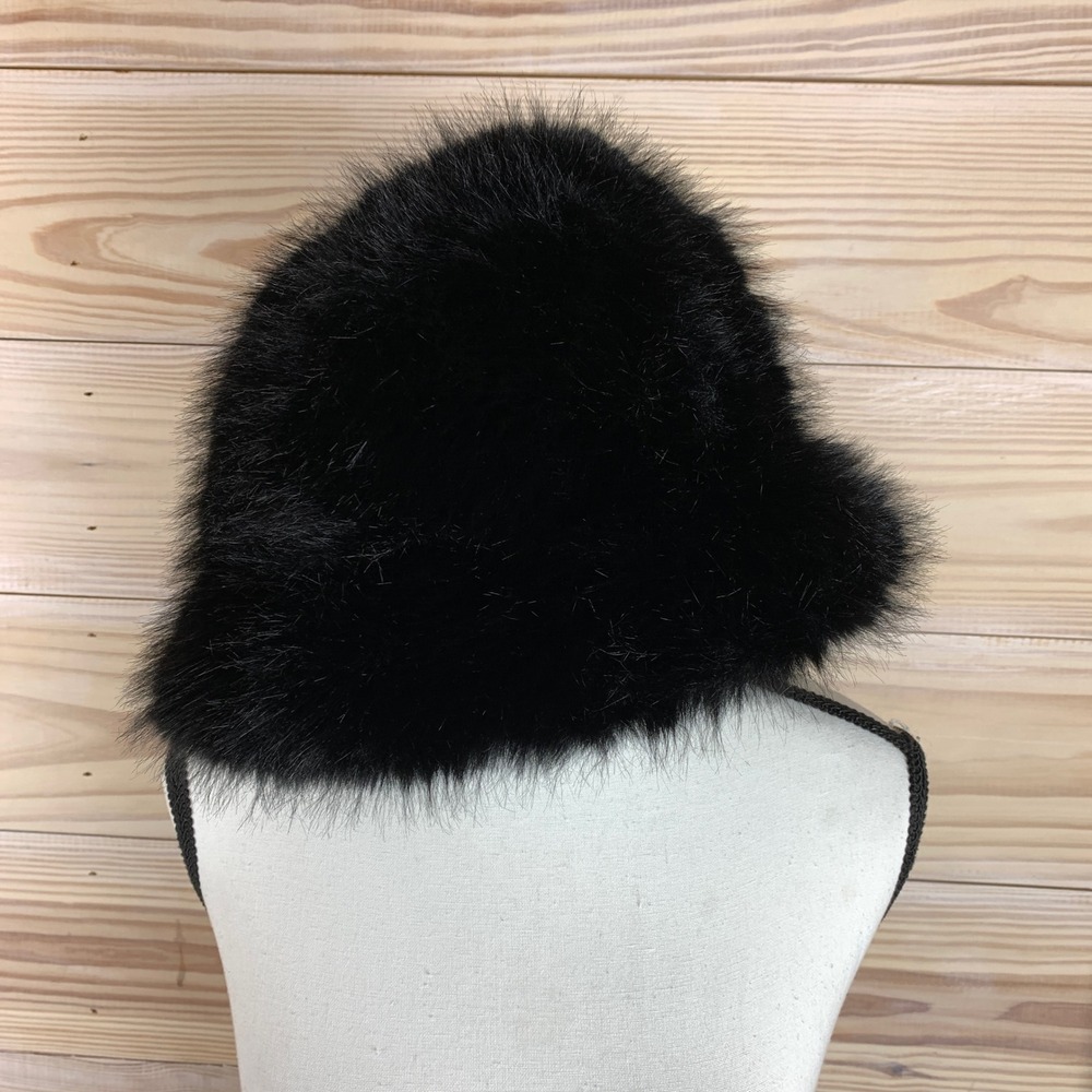 Faux Fur Bucket Hat Womens OS Black Russian Core Winter Glam Plush